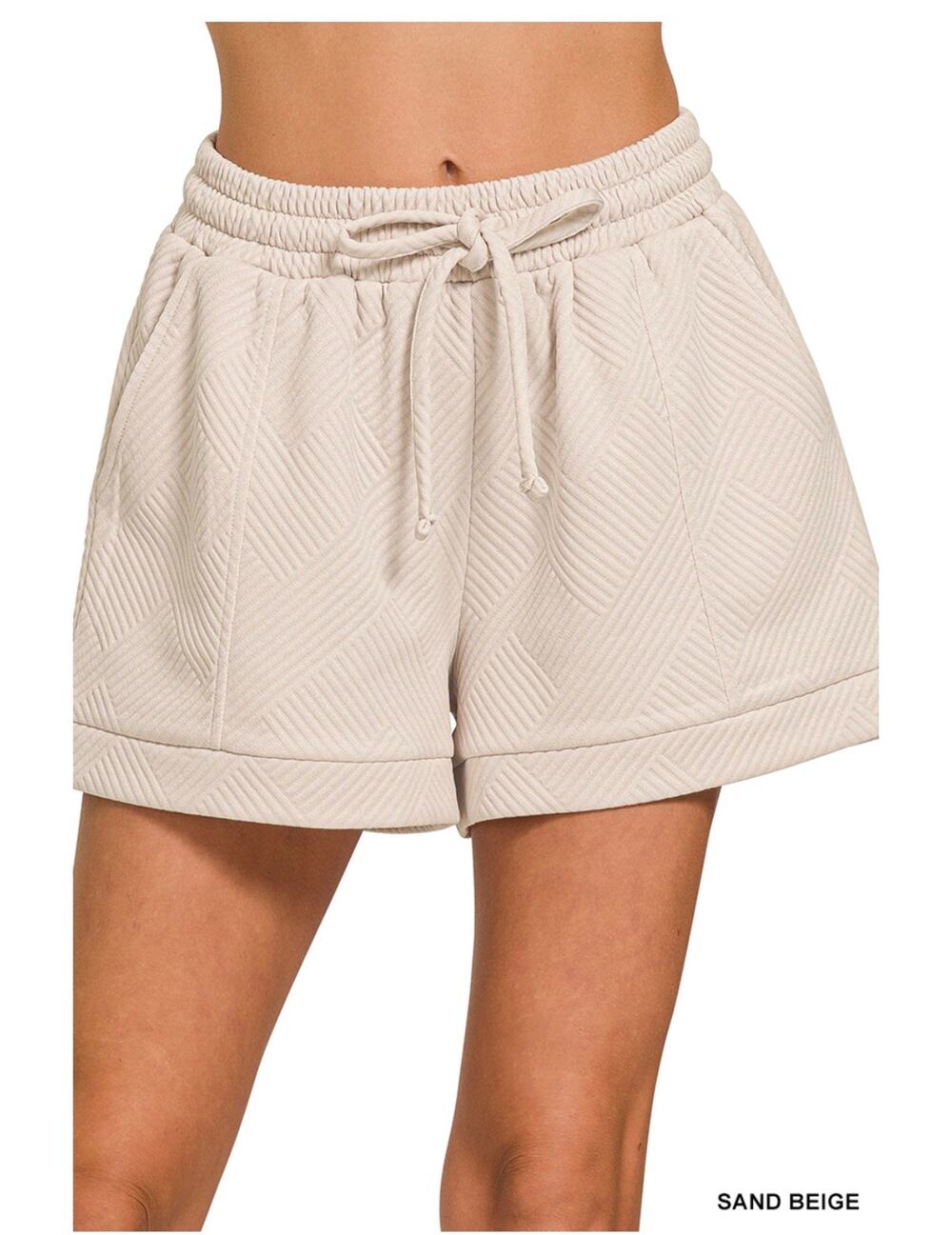 Zenana - Textured Knit Jacquard Drawstring Shorts (Sand Beige) - Small
